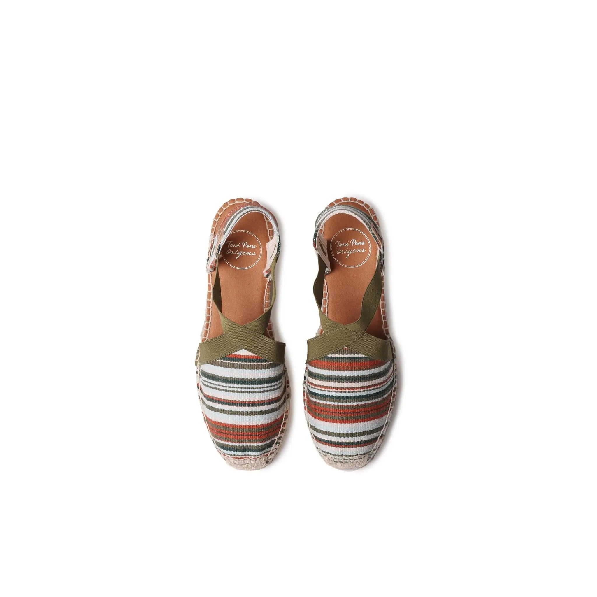 Toni Pons Vinaros ladies Spanish khaki textile elasticated sandals with striped soles and embroidered details.