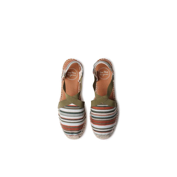 Toni Pons Vinaros ladies Spanish khaki textile elasticated sandals with striped soles and embroidered details.