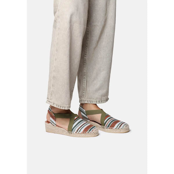 Toni Pons Vinaros women's khaki textile elasticated sandals with striped patterned straps and espadrille soles.