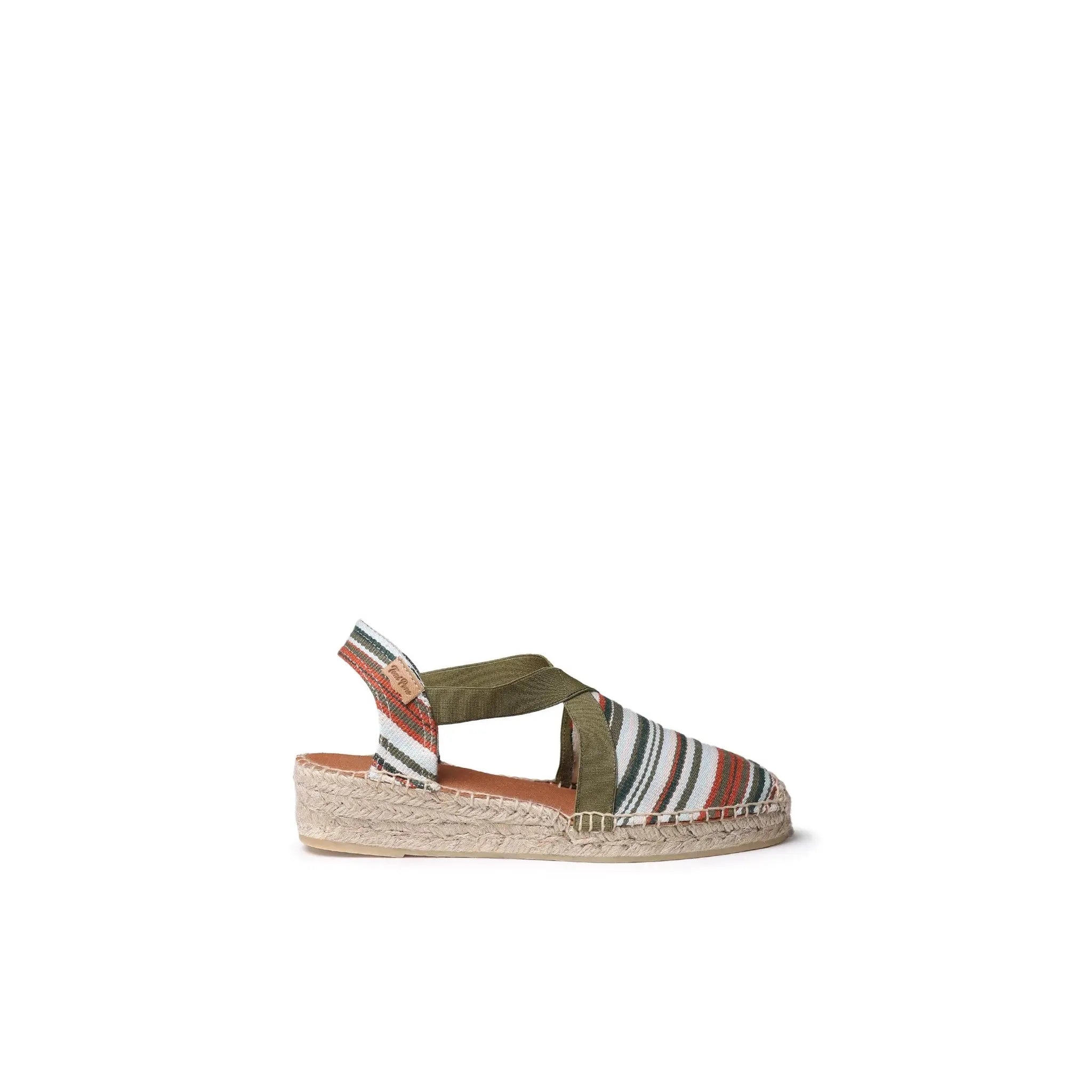 Toni Pons Vinaros women's beige textile espadrille wedge sandals with elastic ankle straps and striped fabric detailing.