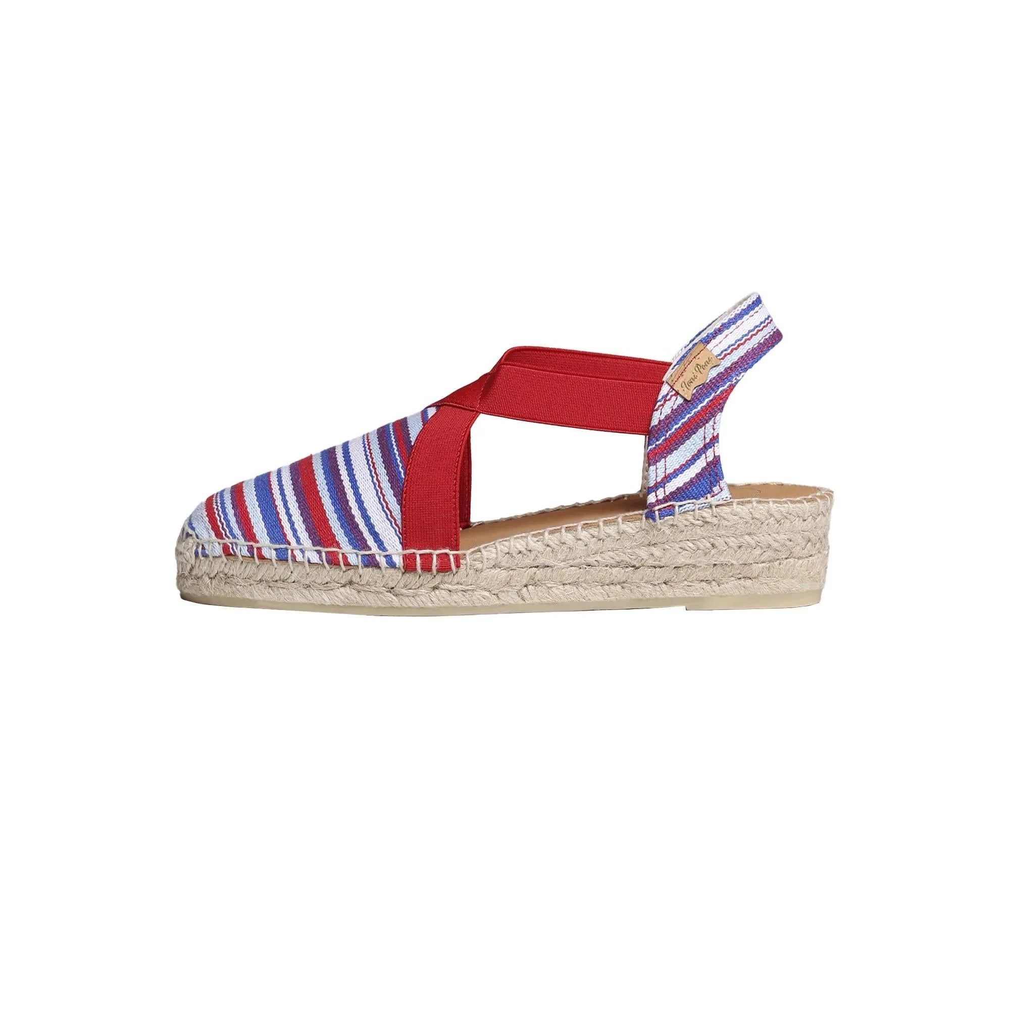 Toni Pons Vinaros women's multi-textile elasticated espadrille sandals with red ribbons and woven sole, stylish summer footwear.