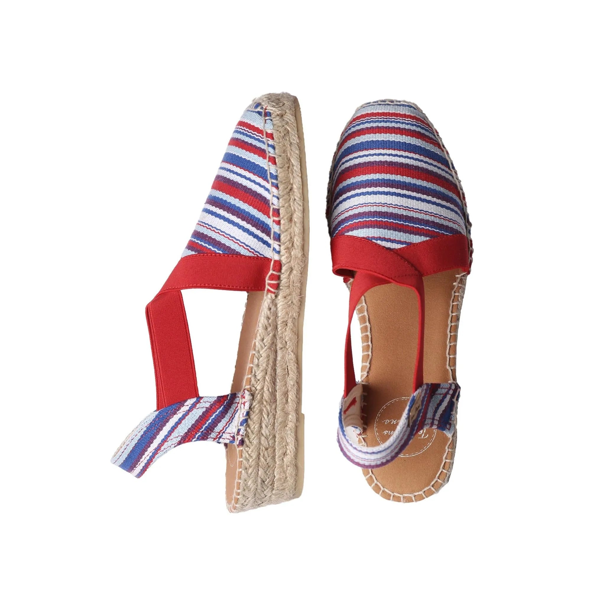 Toni Pons Vinaros women's multi-textile elasticated espadrille sandals with striped fabric and red accents.