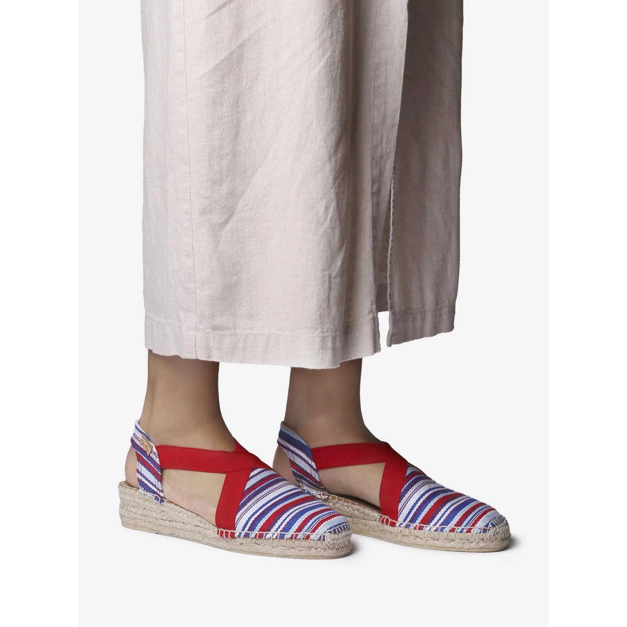 Toni Pons Vinaros women's Spanish multi-textile elasticated espadrille wedges with striped fabric ankle ties.