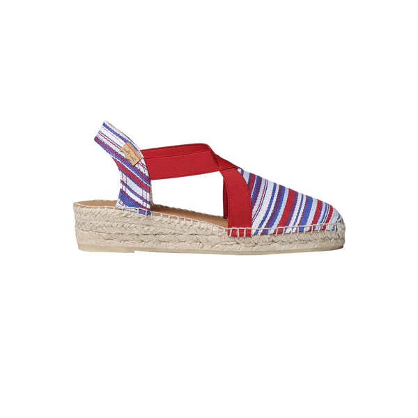Toni Pons Vinaros women's multi-textile elasticated espadrille sandal with red straps and woven wedge sole.