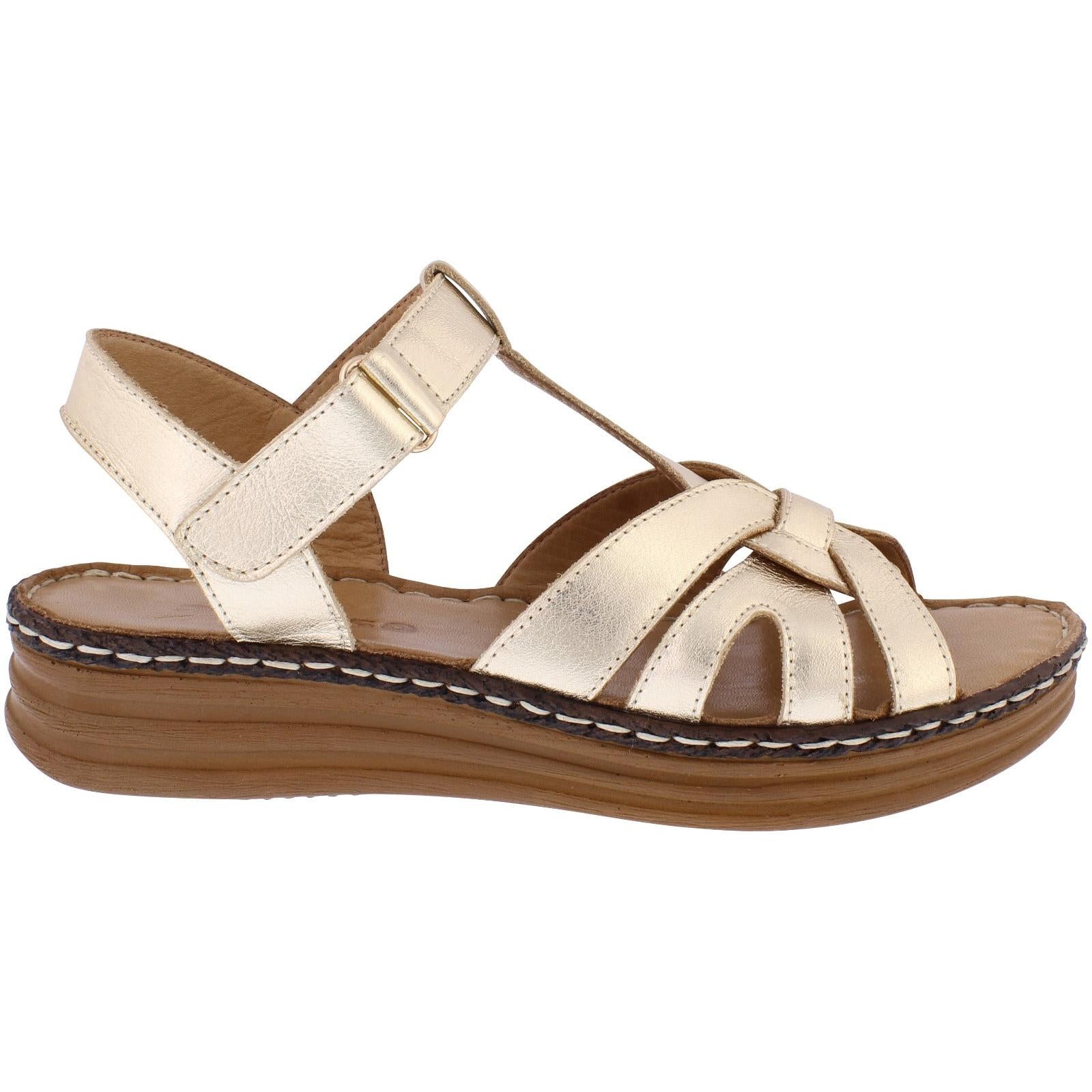 Adesso A7870 - Val Ladies Gold Leather Touch Fastening Sandals
