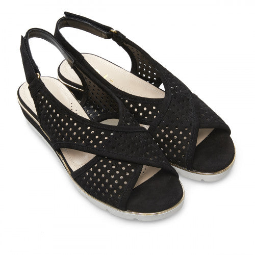 Van Dal Elan 3108 Ladies 1002 Black Suede Perforated Open Toe Slingback Wedge Sandals - elevate your sole