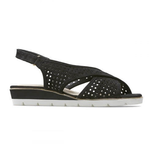 Van Dal Elan 3108 Ladies 1002 Black Suede Perforated Open Toe Slingback Wedge Sandals - elevate your sole