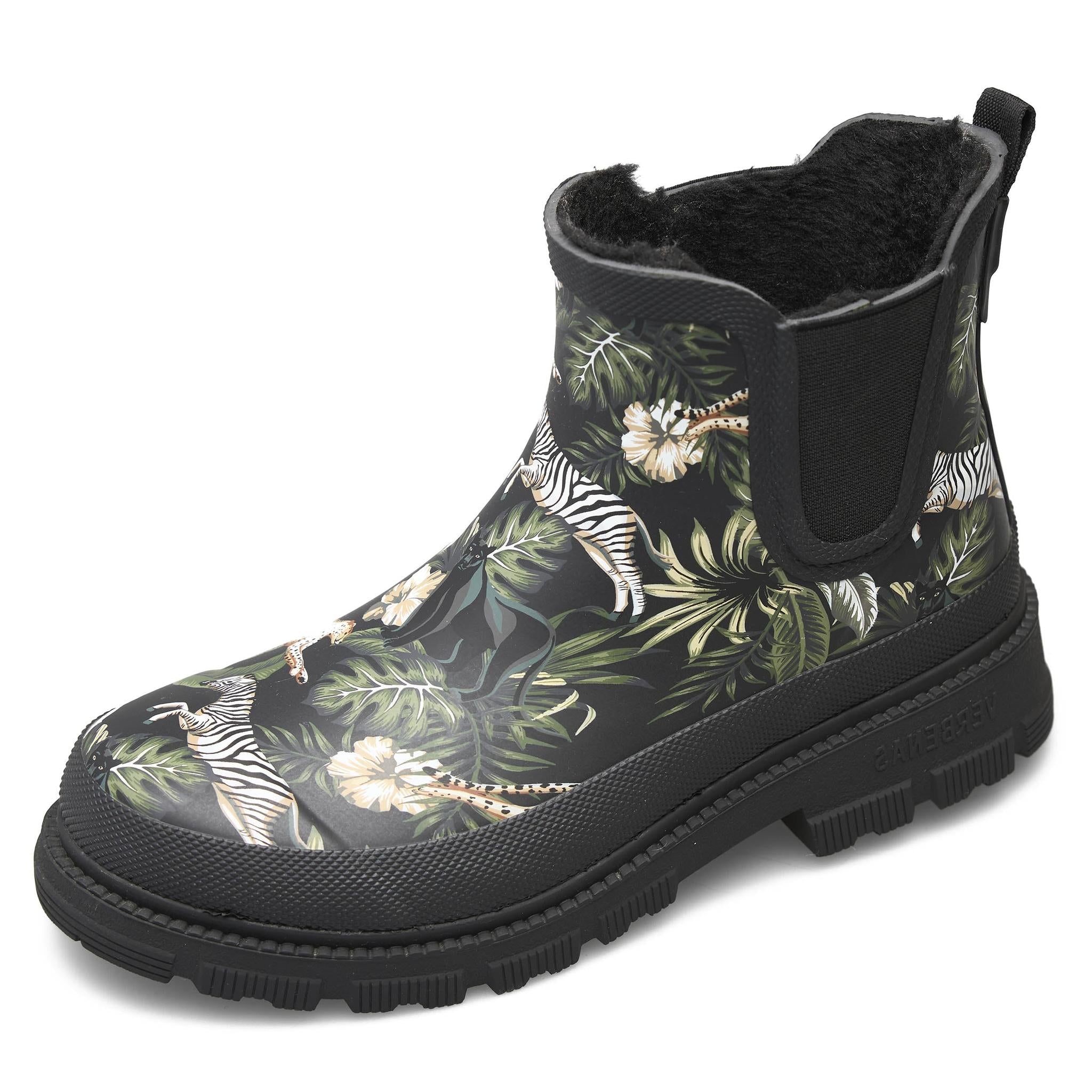 Bottines Chelsea imperméables pour femme Verbenas Lua à imprimé jungle et doublure en fourrure, noires