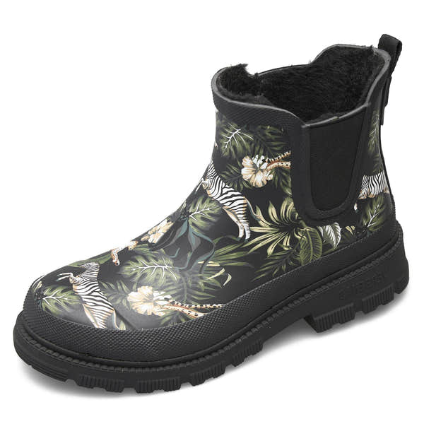 Bottines Chelsea imperméables pour femme Verbenas Lua à imprimé jungle et doublure en fourrure, noires