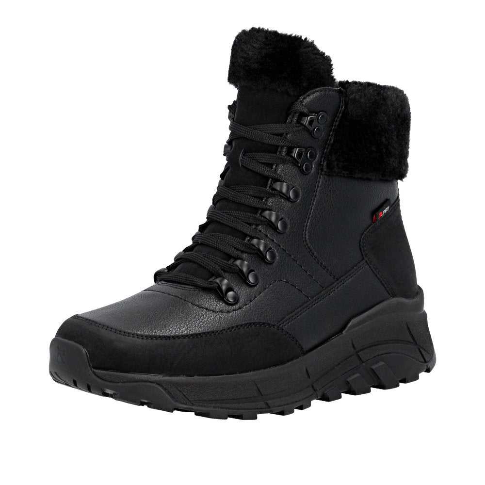 Rieker W0063-02 Ladies Black Water Resistant Zip & Lace Ankle Boots