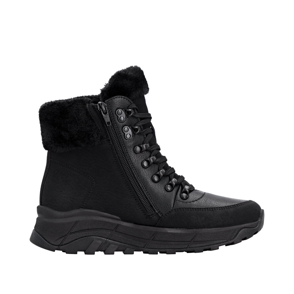 Rieker W0063-02 Ladies Black Water Resistant Zip & Lace Ankle Boots