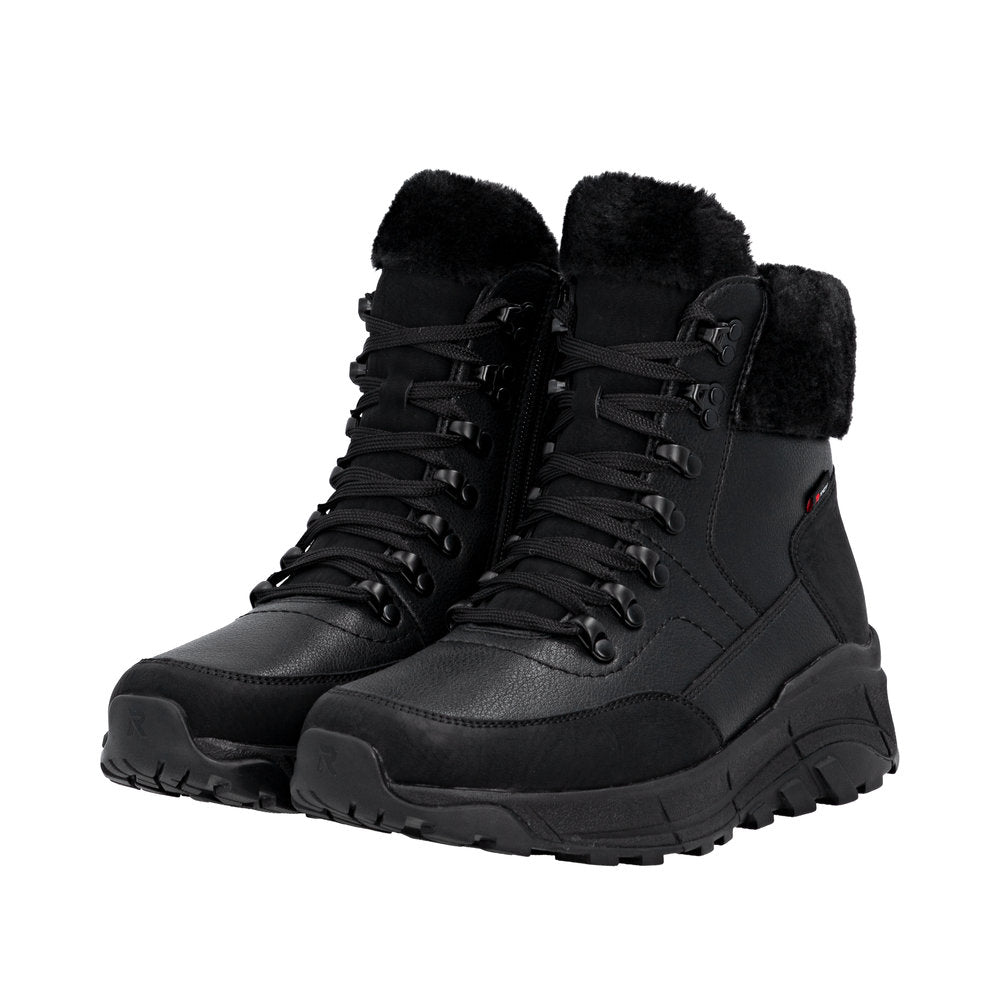 Rieker W0063-02 Ladies Black Water Resistant Zip & Lace Ankle Boots