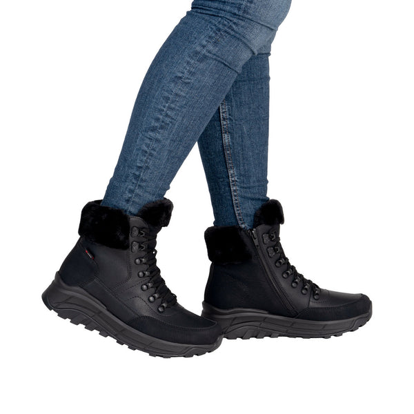 Rieker W0063-02 Ladies Black Water Resistant Zip & Lace Ankle Boots