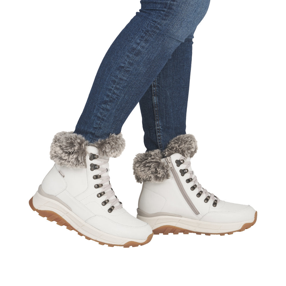 Rieker W0063-80 Ladies White Leather Water Resistant Zip & Lace Ankle Boots