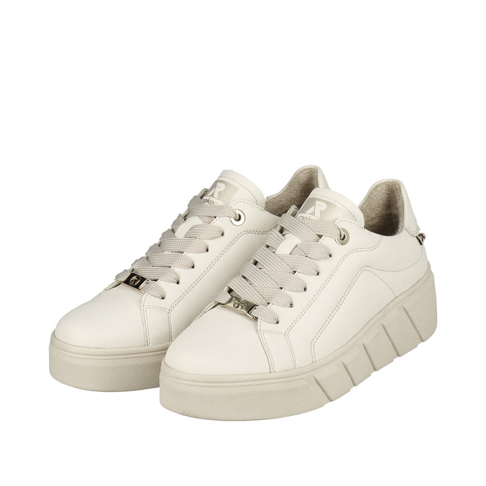 Rieker W0503-80  Ladies Off White Leather Lace Up Trainers