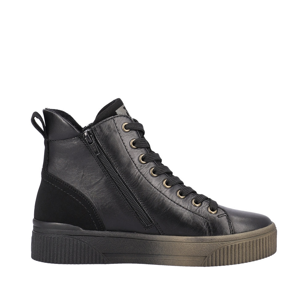 Rieker W0761-00  Ladies Black Leather Zip & Lace Ankle Boots