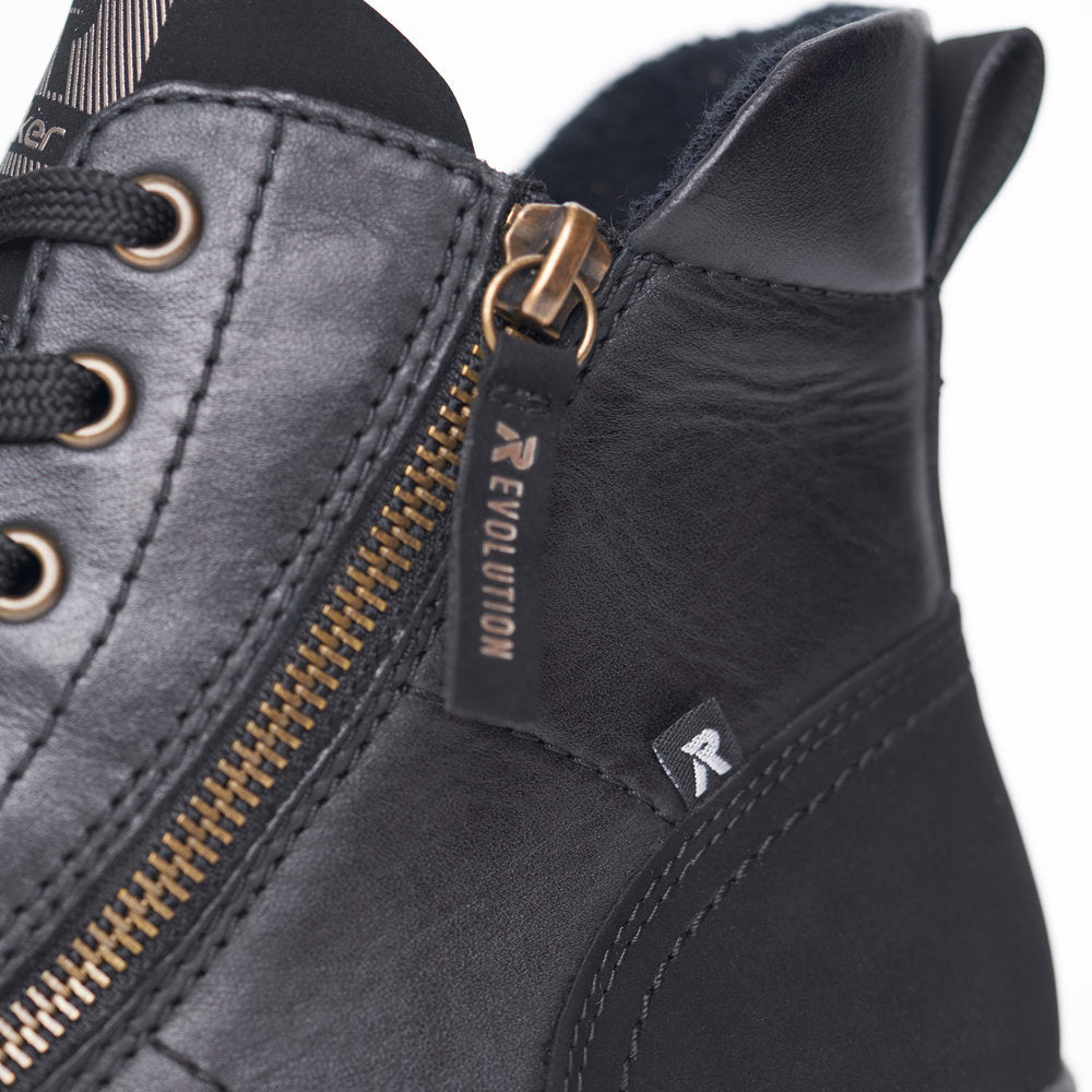 Rieker W0761-00  Ladies Black Leather Zip & Lace Ankle Boots
