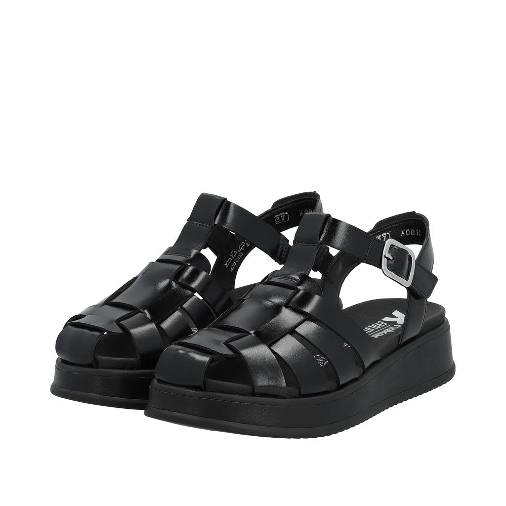 Rieker W0850-00 Ladies Black Leather Touch Fastening Sandals