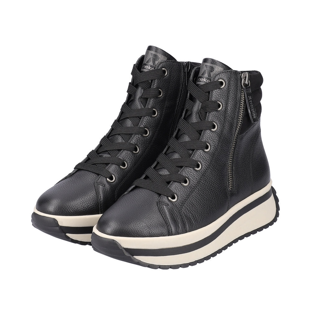 Rieker W0962-00  Ladies Black Leather Zip & Lace Ankle Boots
