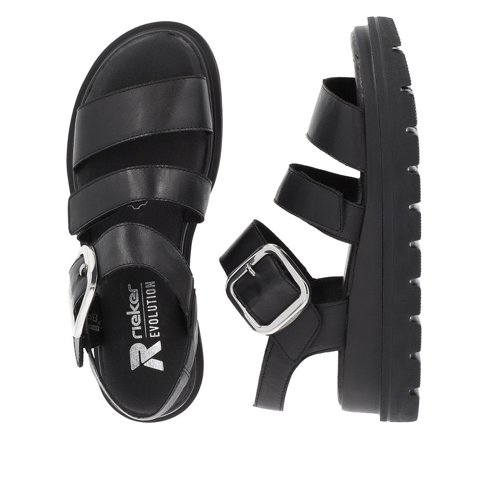 Rieker W1650-00 Ladies Black Leather Touch Fastening Sandals