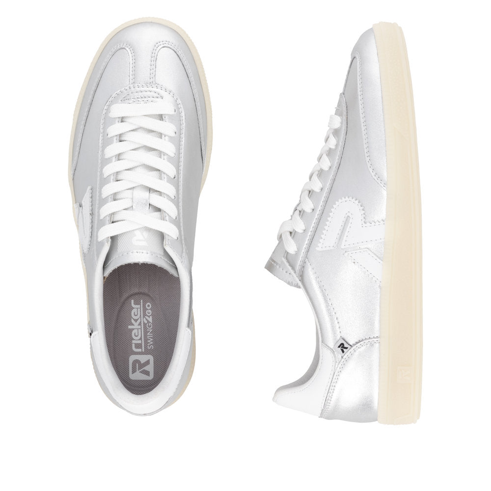 Rieker W2200-90 Ladies Wide Silver Suede Lace Up Trainers