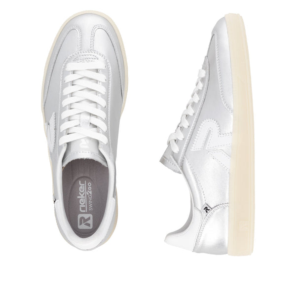 Rieker W2200-90 Ladies Wide Silver Suede Lace Up Trainers
