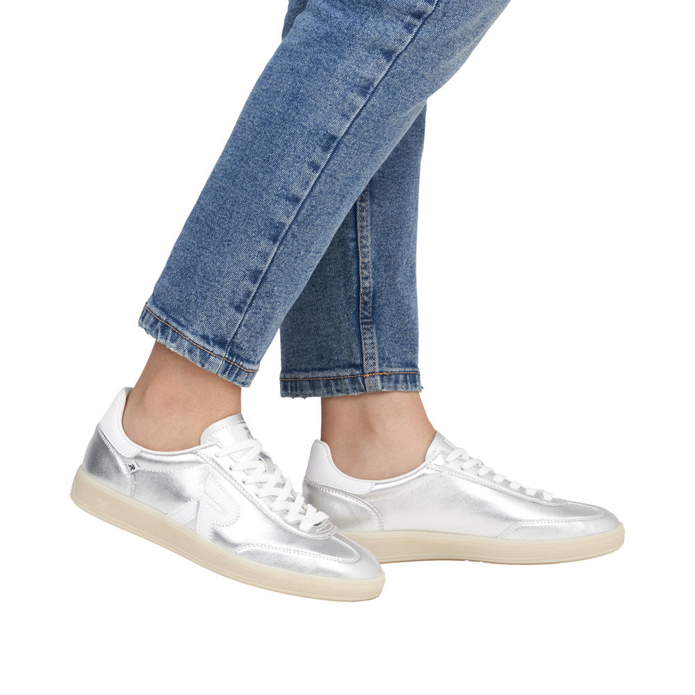 Rieker W2200-90 Ladies Wide Silver Suede Lace Up Trainers
