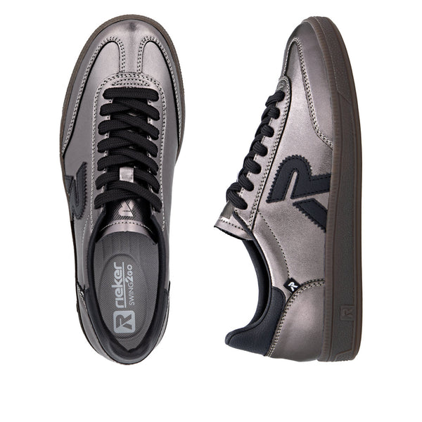 Rieker W2200-91 Ladies Silver/Platinum Leather Lace Up Trainers