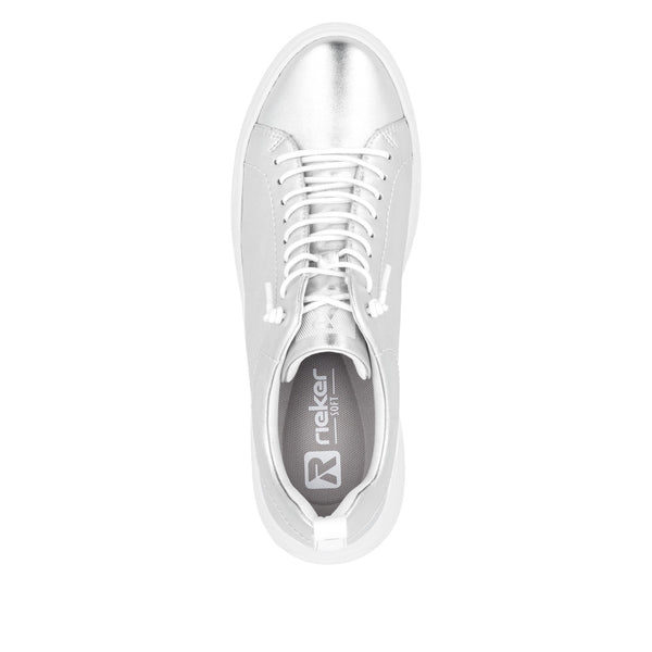 Rieker W2301-90 Ladies Silver Leather Lace Up Shoes
