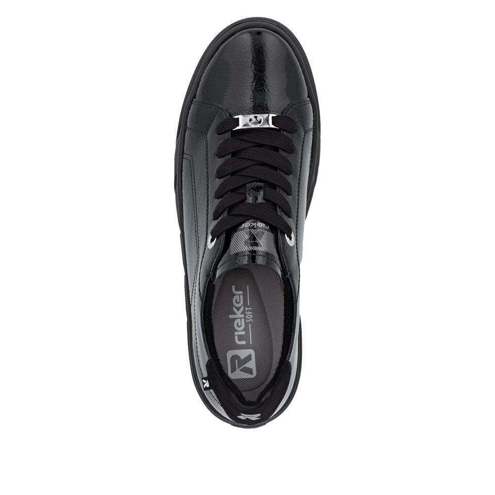 Rieker W2601-00 Ladies Black Patent Leather Lace Up Trainers