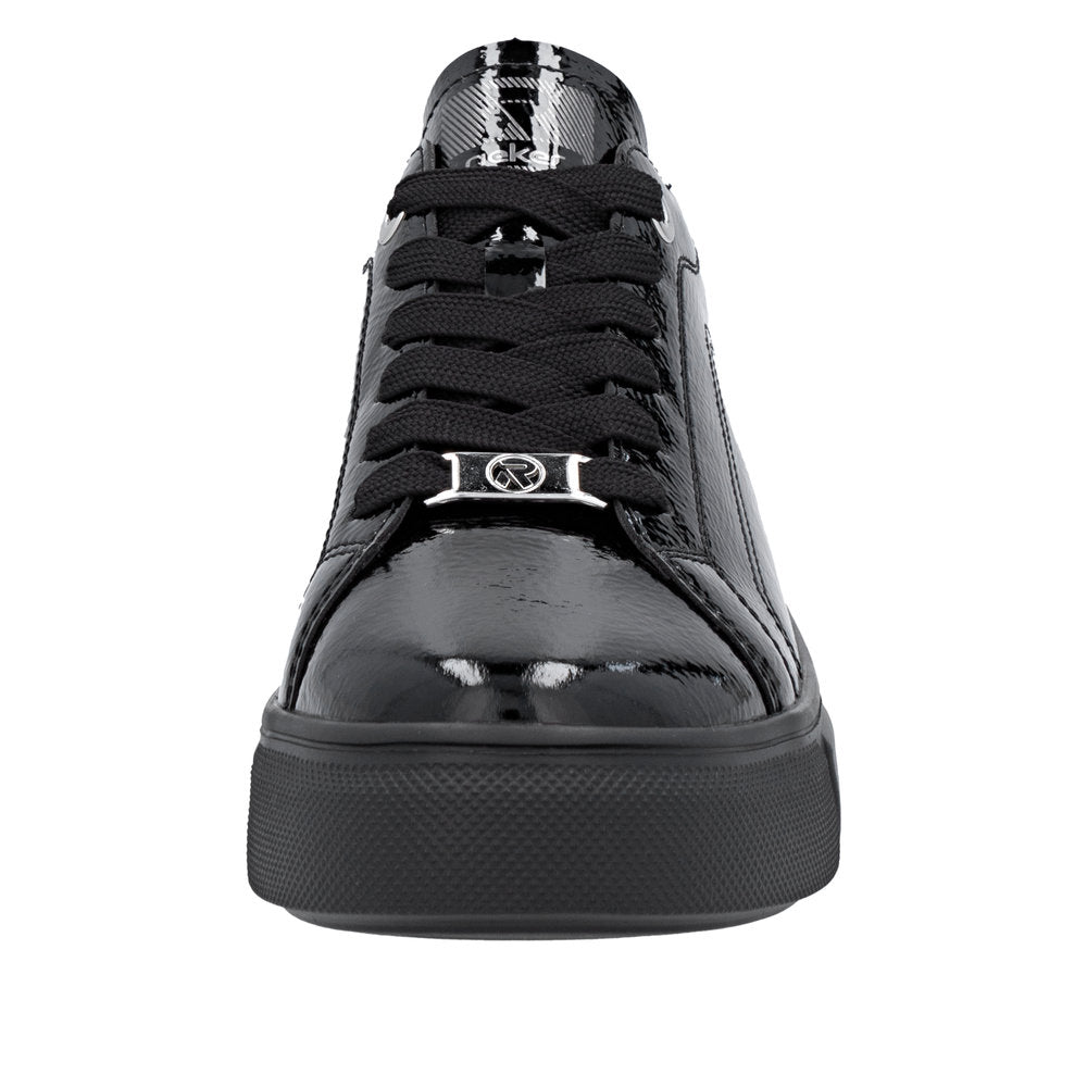 Rieker W2601-00 Ladies Black Patent Leather Lace Up Trainers