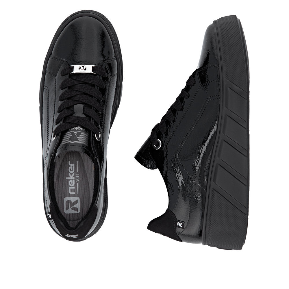 Rieker W2601-00 Ladies Black Patent Leather Lace Up Trainers