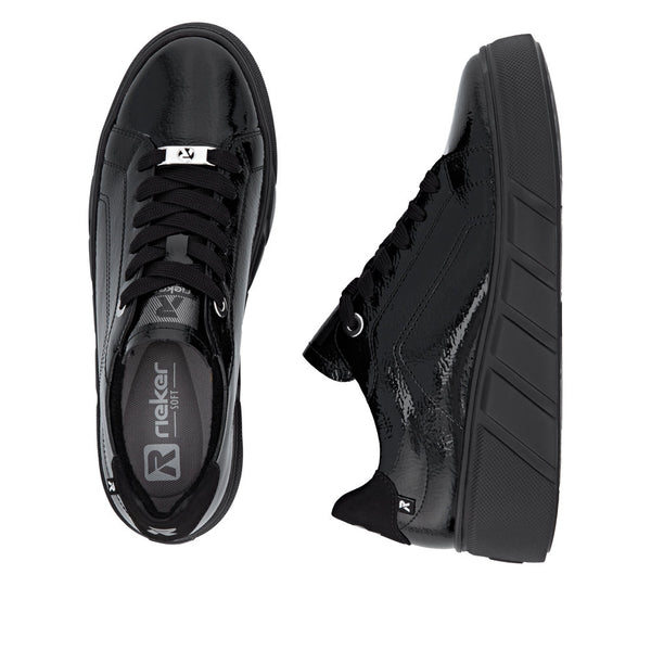 Rieker W2601-00 Ladies Black Patent Leather Lace Up Trainers