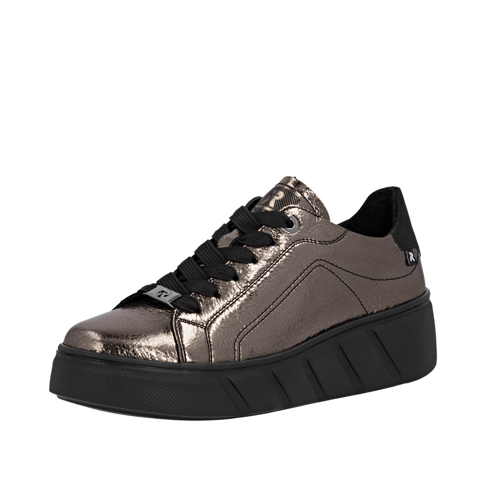 Rieker W2601-91 Ladies Metallic Leather Lace Up Trainers