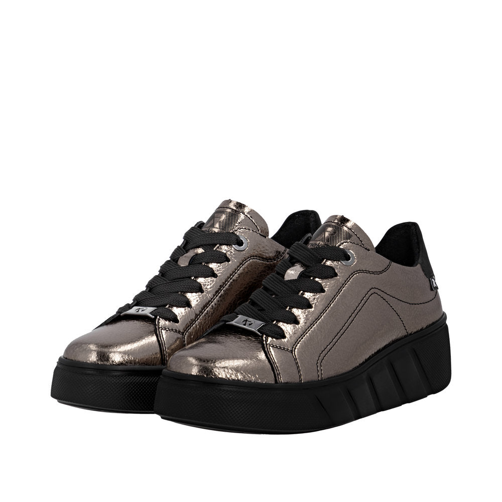 Rieker W2601-91 Ladies Metallic Leather Lace Up Trainers