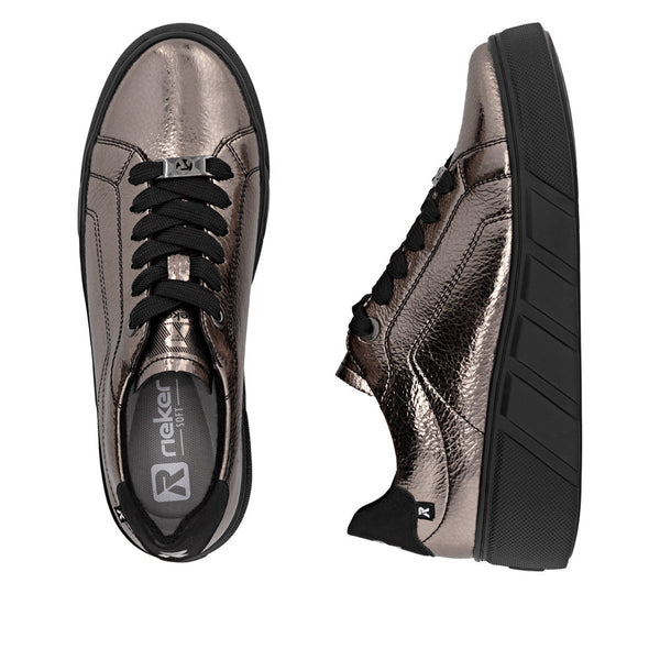 Rieker W2601-91 Ladies Metallic Leather Lace Up Trainers