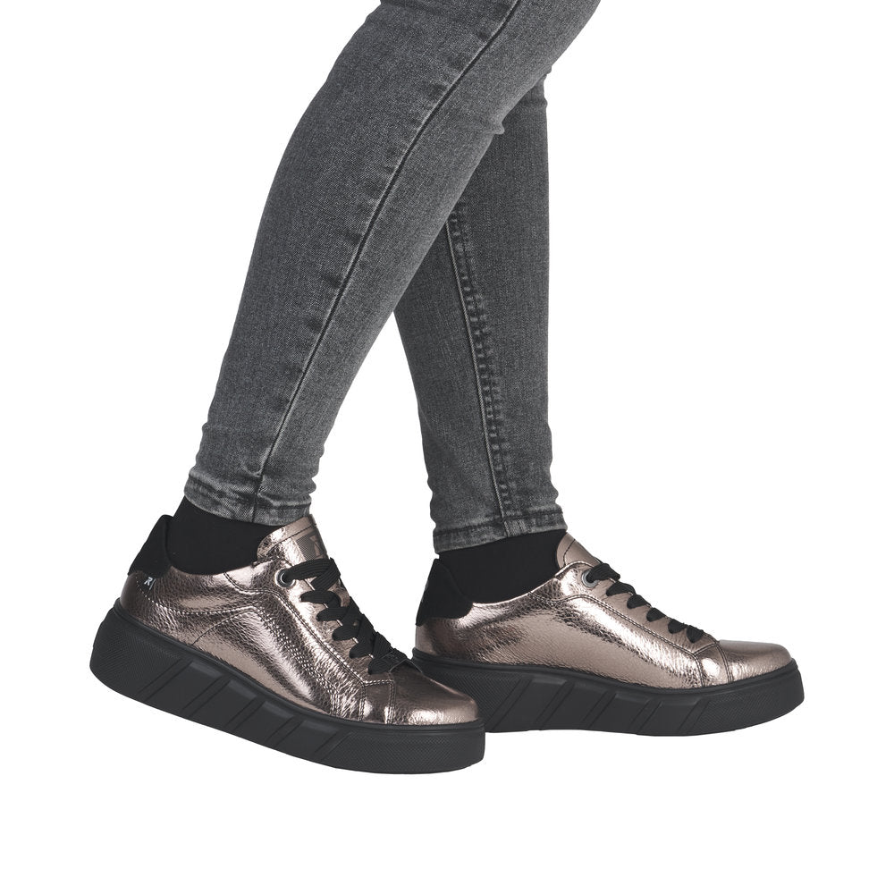 Rieker W2601-91 Ladies Metallic Leather Lace Up Trainers