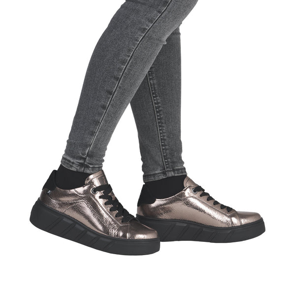 Rieker W2601-91 Ladies Metallic Leather Lace Up Trainers