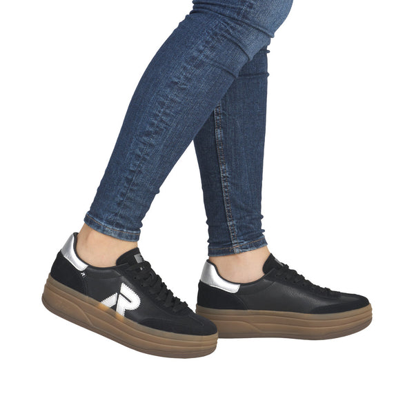 Rieker W3700-00 Ladies Black Leather Lace Up Trainers
