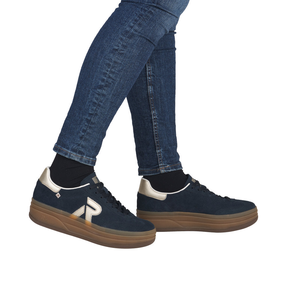 Rieker W3700-14 Ladies Blue Suede Lace Up Trainers