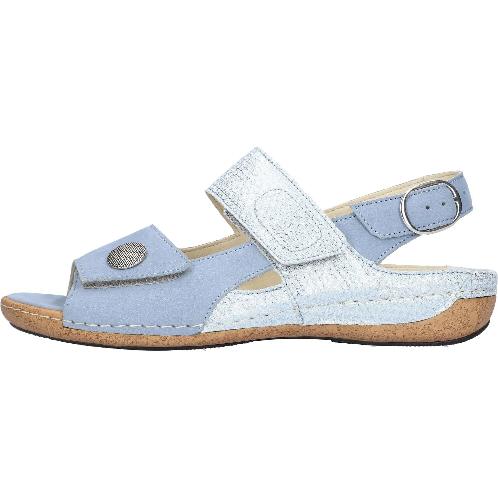 Waldlaufer Heliett women's wide fit blue nubuck sandals with touch fastening straps and cork sole.