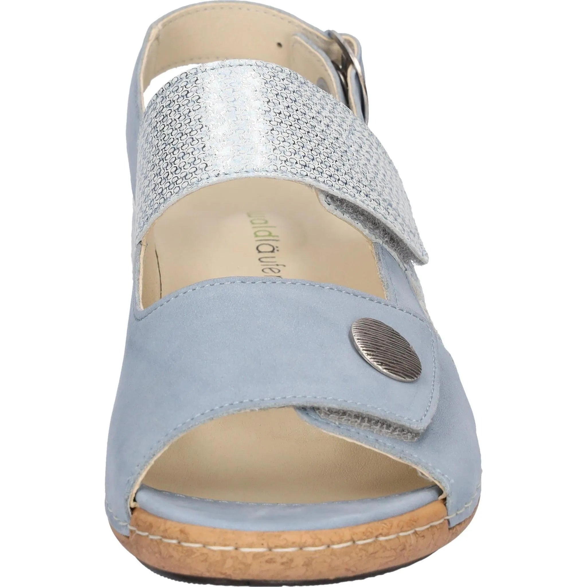 Waldlaufer Heliett Ladies Wide Blue Nubuck Touch Fastening Sandals with silver accents and adjustable strap.