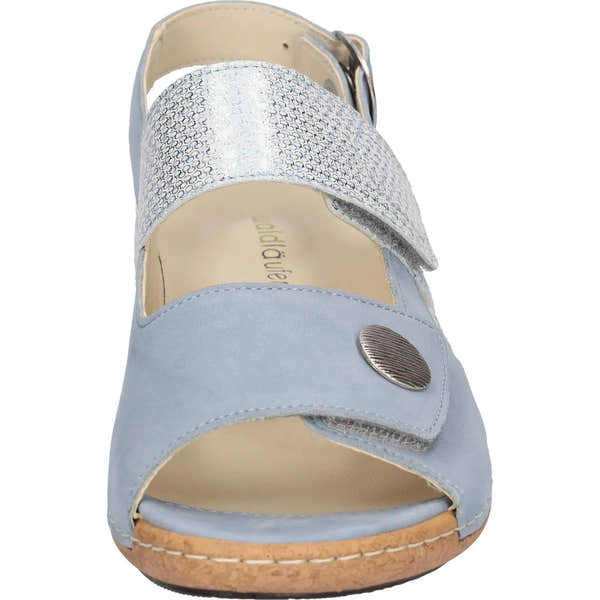Waldlaufer Heliett Ladies Wide Blue Nubuck Touch Fastening Sandals with silver accents and adjustable strap.