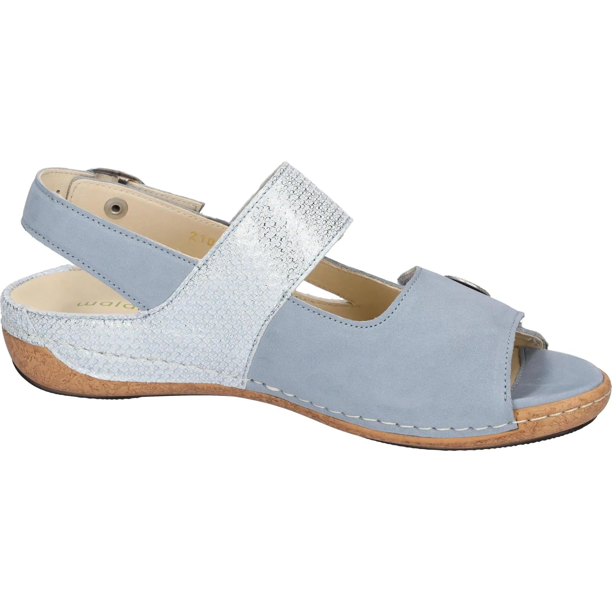 Waldlaufer Heliett Ladies Wide Blue Nubuck Touch Fastening Sandals with open toe and adjustable strap.