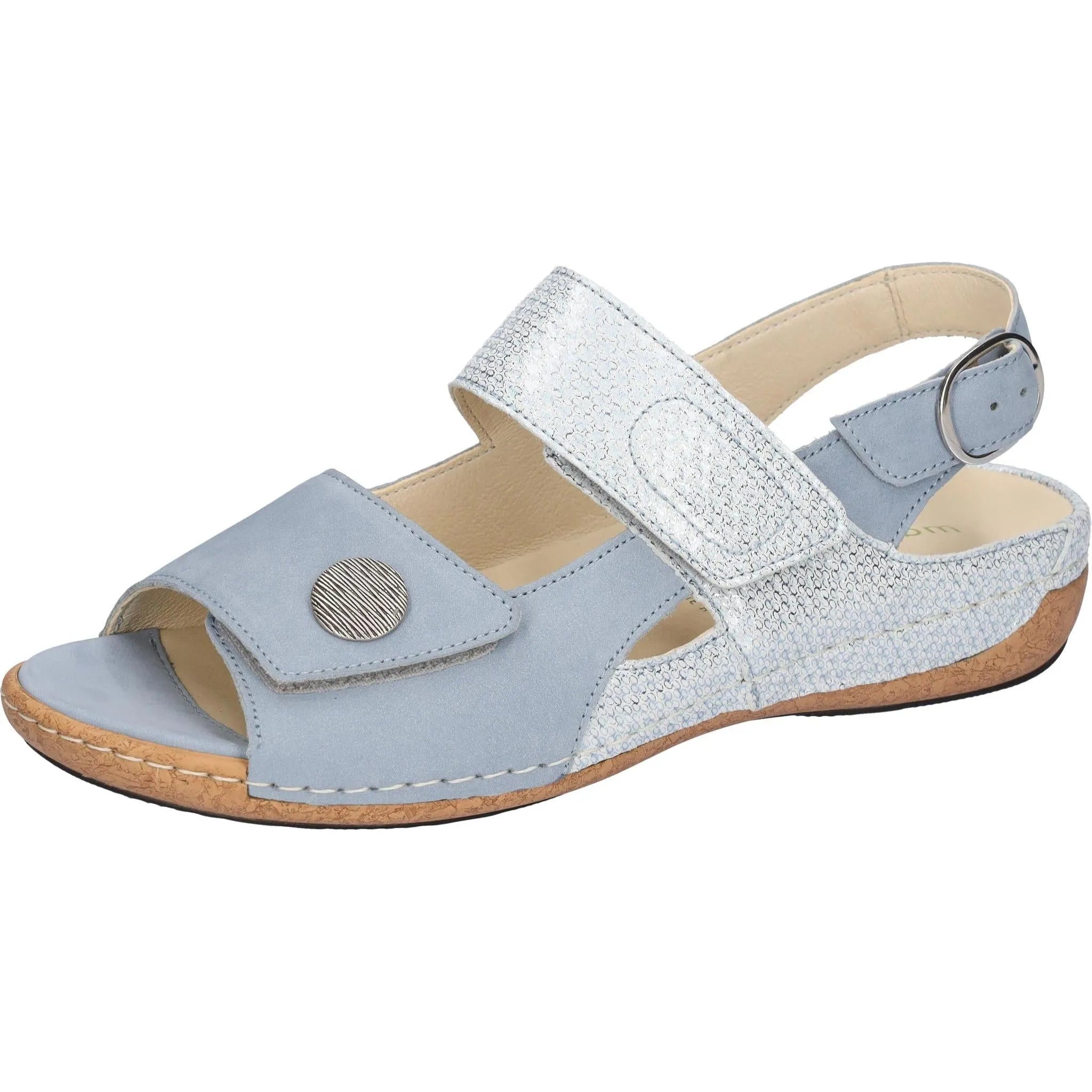 Waldlaufer Heliett women's wide-fit blue nubuck touch-fastening sandals with adjustable strap and cork sole.