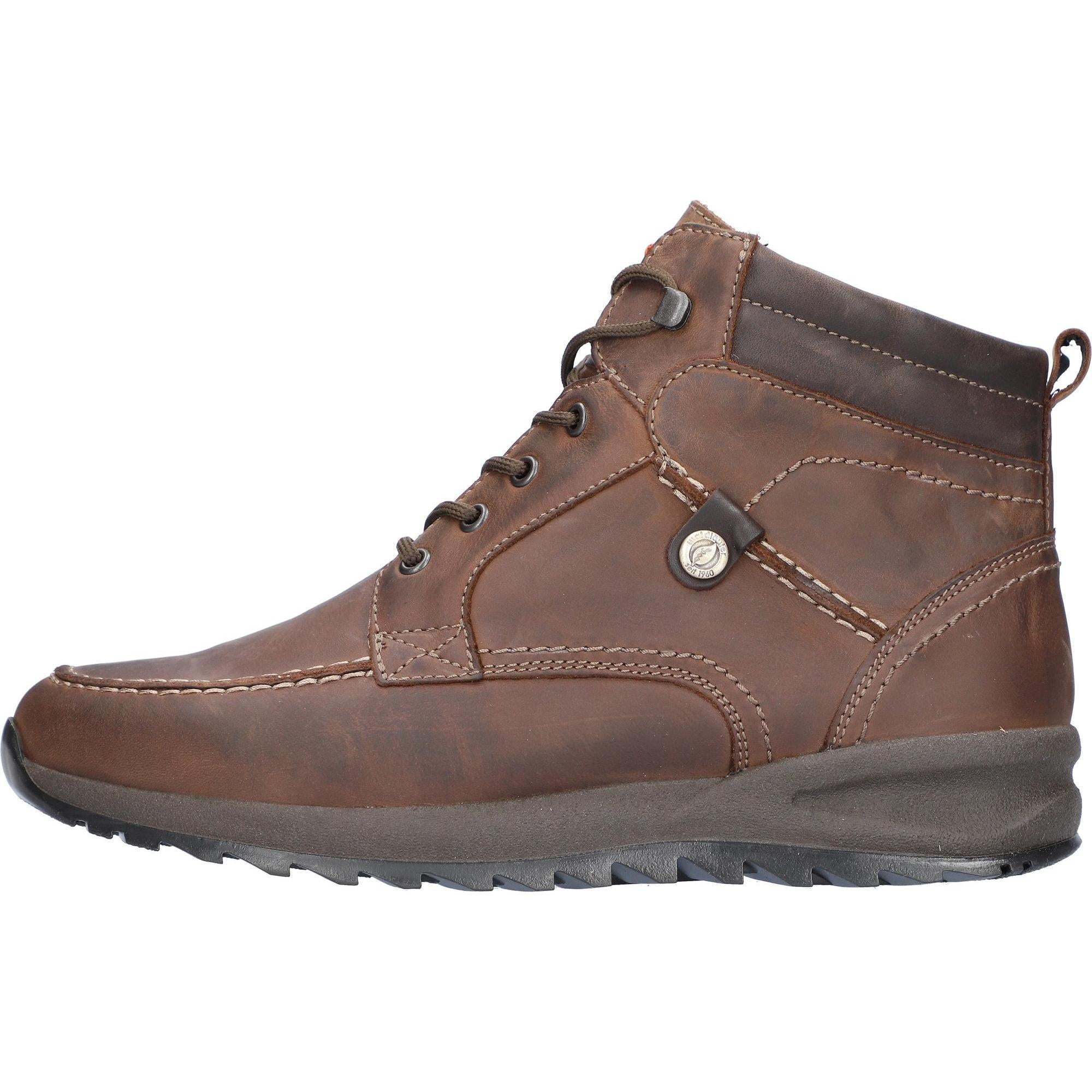 Waldlaufer Helle men's wide brown leather ankle boots with zip and lace closure, arch support, and rugged rubber outsole.