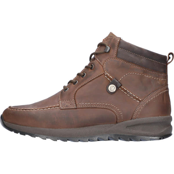 Waldlaufer Helle men's wide brown leather ankle boots with zip and lace closure, arch support, and rugged rubber outsole.