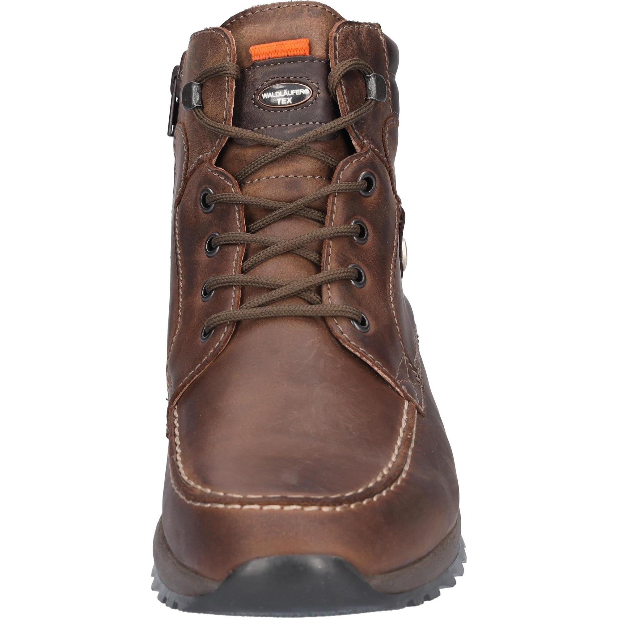 Waldlaufer Helle men's wide brown leather ankle boots with arch support, zipper and lace closure.