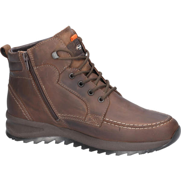 Waldlaufer Helle men's wide brown leather ankle boots with zipper and lace-up closure, arch support, and rugged outsole.