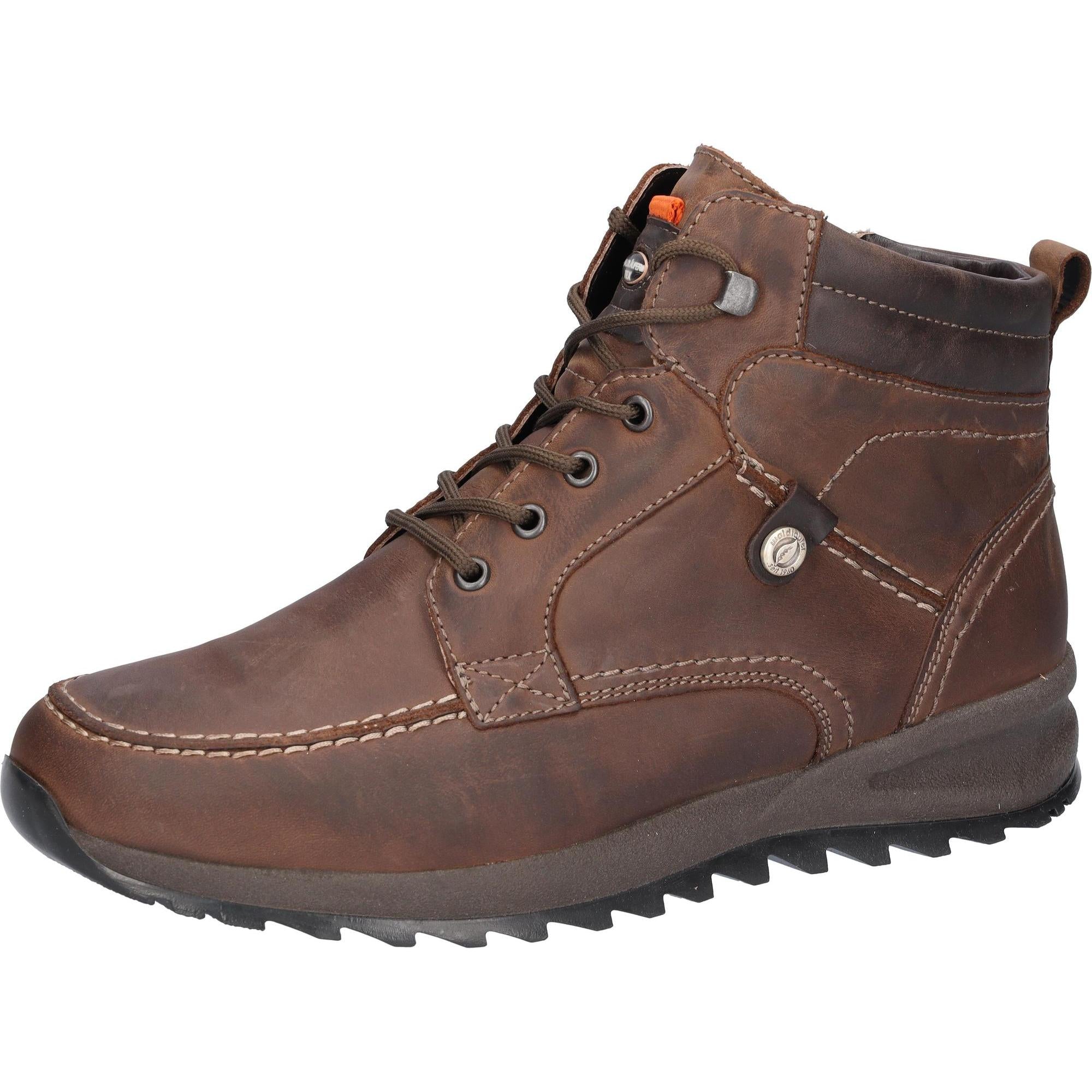 Waldlaufer Helle men's wide-fit brown leather ankle boots with arch support, zip and lace fastening, rugged sole, and stylish stitching.